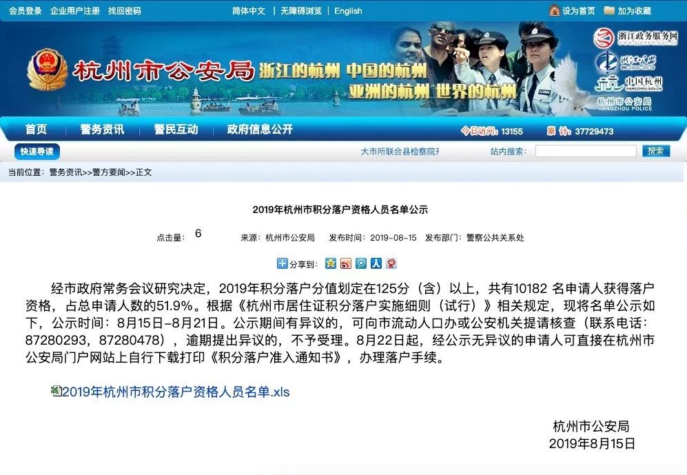 2019年杭州市積分落戶資格人員名單公示